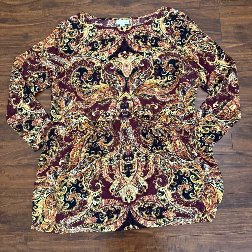J. Jill Womens Small Petite Paisley Empire Waist Tunic Top Burgundy Gold‎ Rayon - Picture 9 of 11